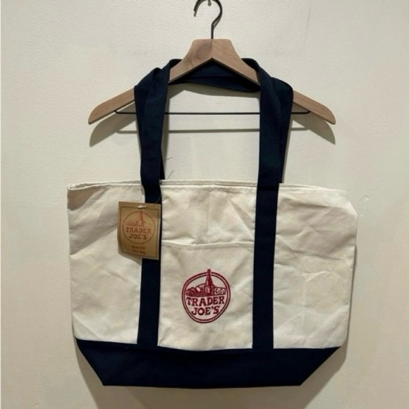 Trader Joe'S Handbags - NWT Trader Joe’s Reusable Canvas White, Blue and Red Tote Bag with Front Pocket